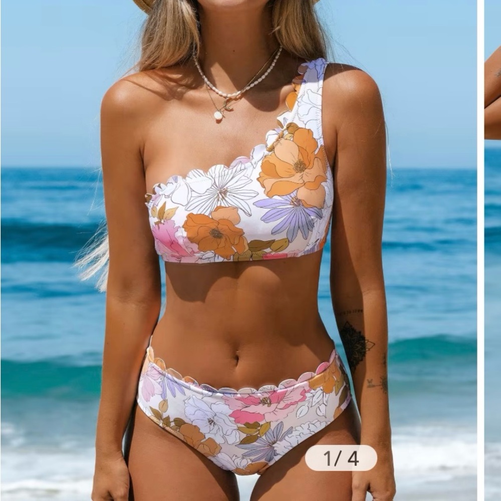 Hazy Tenderness Flower One-shoulder Top and Hipster bikini